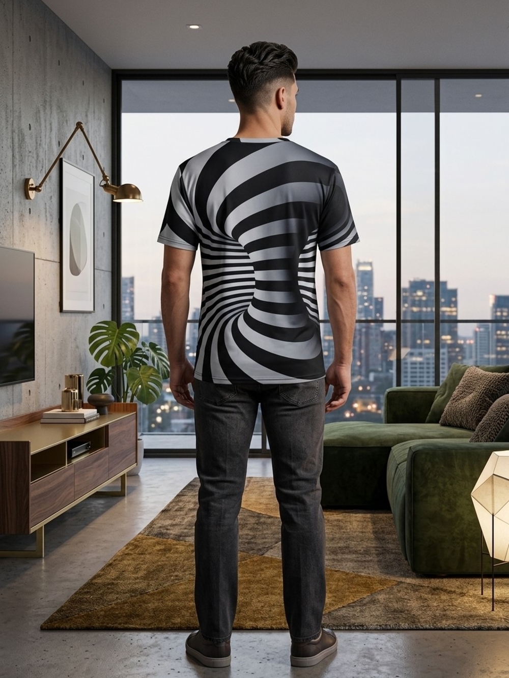 Men's Black & White Optical-Stripe Crew Neck Tee